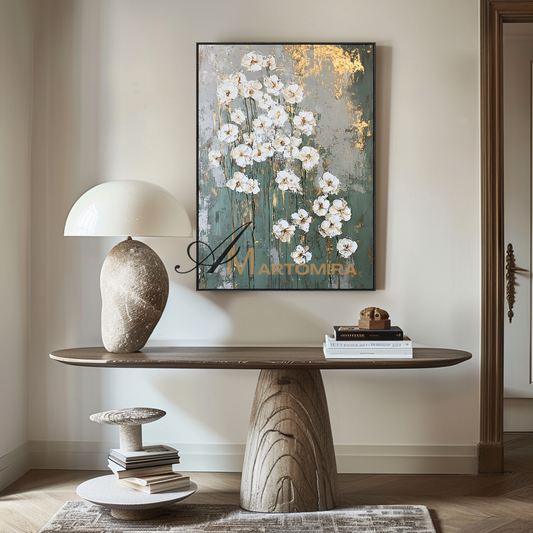 Floral Painting Acrylic | Abstract Flowers Wall Art | Green And Gold Abstract Painting #CF105