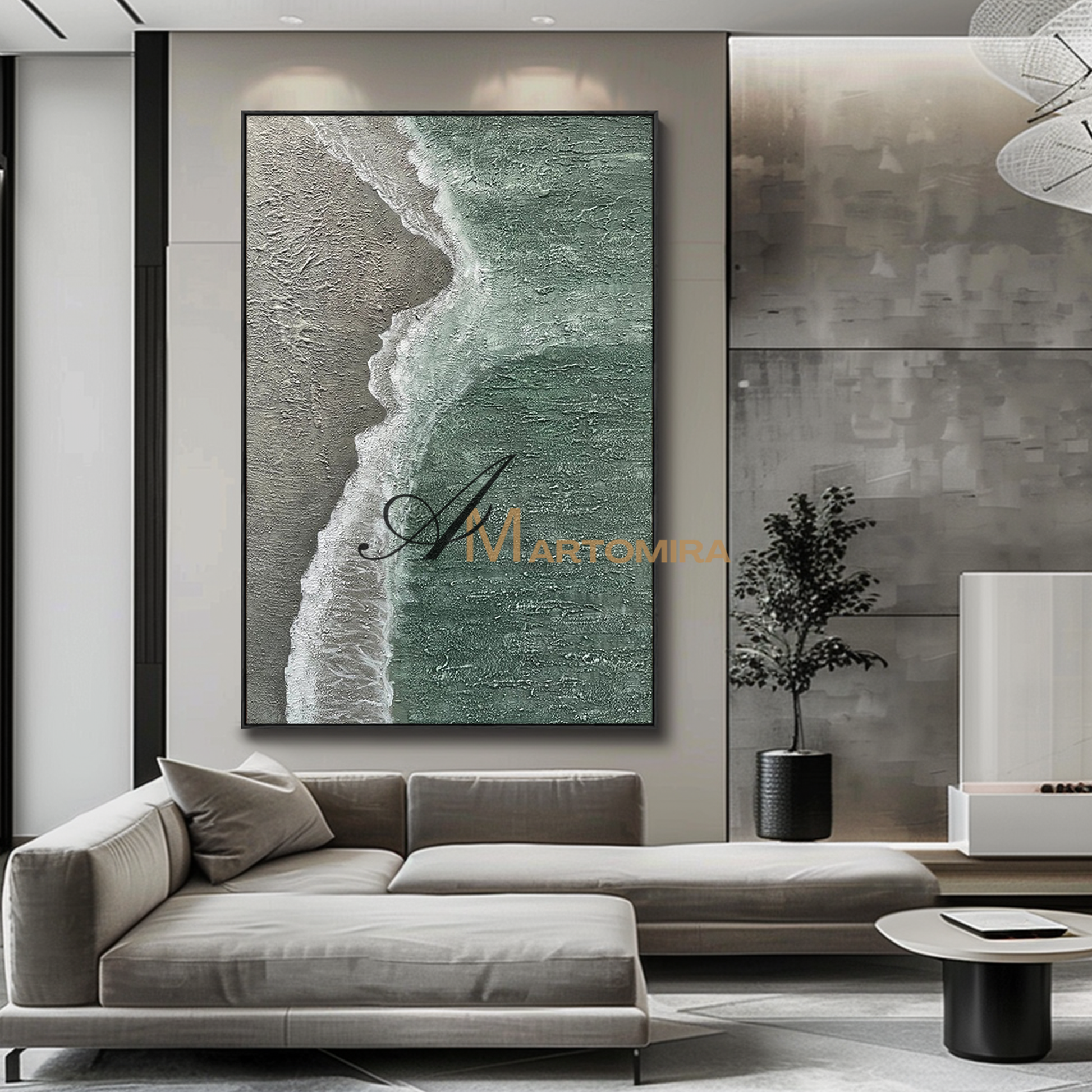 Beach Painting | Abstract Landscape Painting | Minimalist Abstract Beach Art | Green Wall Art #MF109