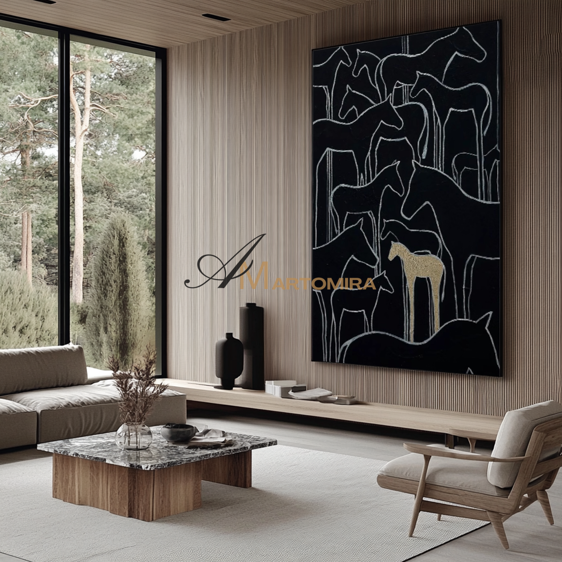 Horse Wall Art | Abstract Geometric Art | Contemporary Living Room Wall Decor | Black Wall Art #MF097