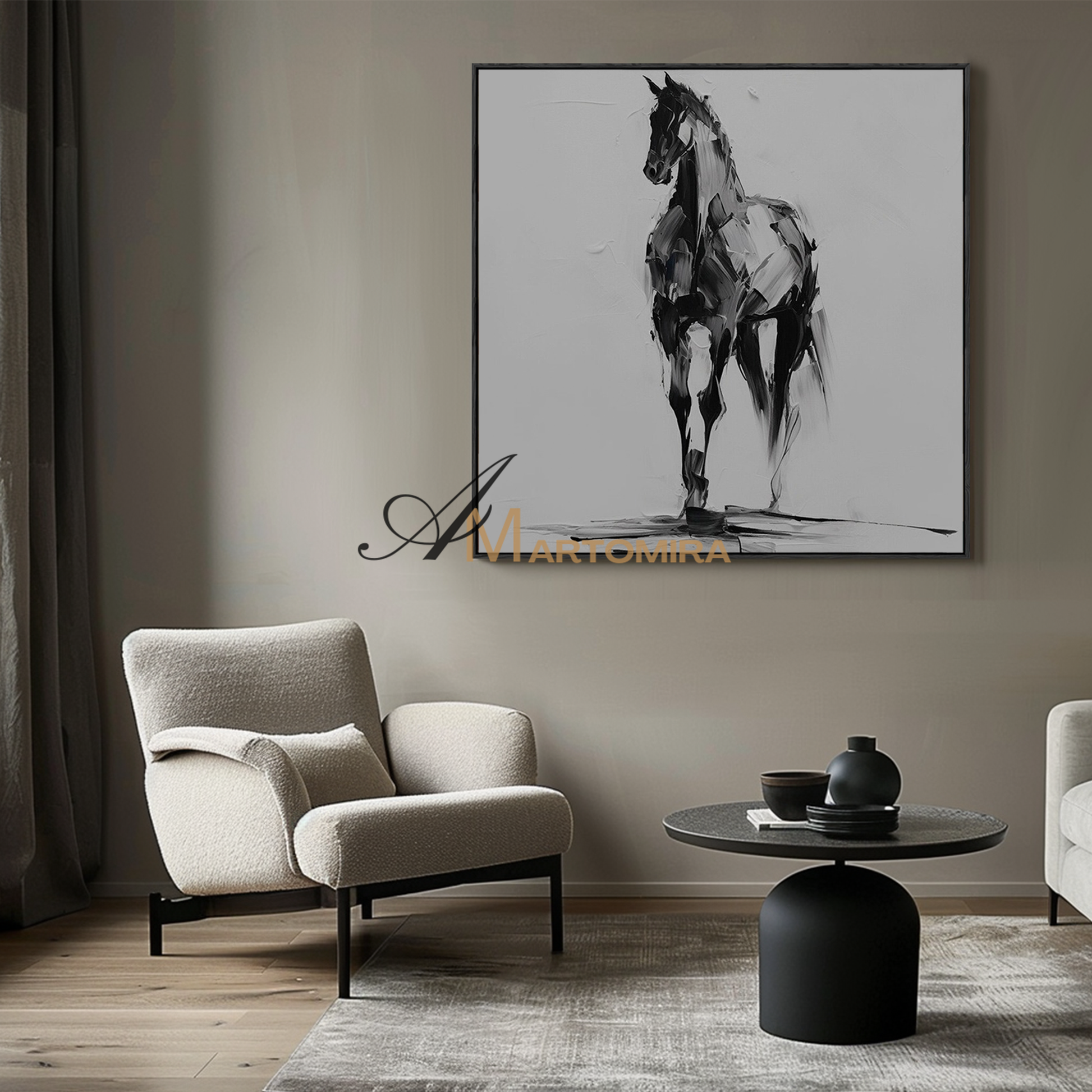 Horse Wall Art | Animal Paintings | Acrylic Painting On Canvas | Black And White Canvas Art #MF112