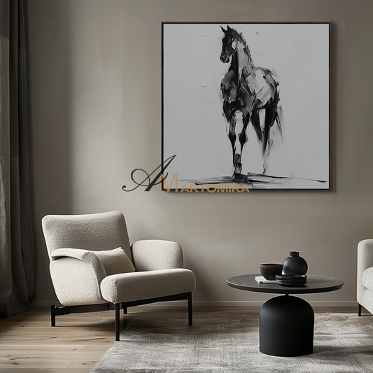 Horse Wall Art | Animal Paintings | Acrylic Painting On Canvas | Black And White Canvas Art #MF112