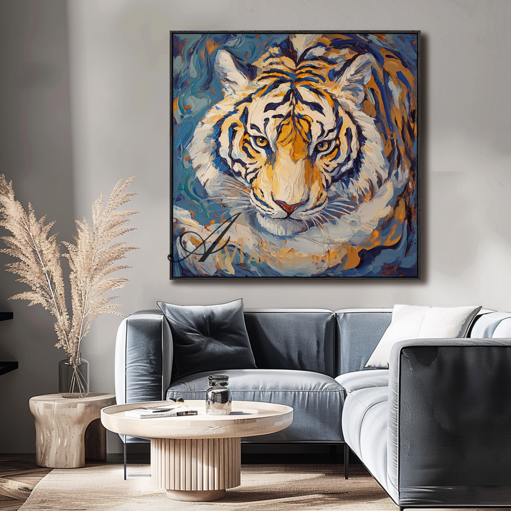 Tiger Painting | Animal Canvas Wall Art | Tiger Portrait | Blue And Gold Wall Art | Acrylic Wall Art #CA088