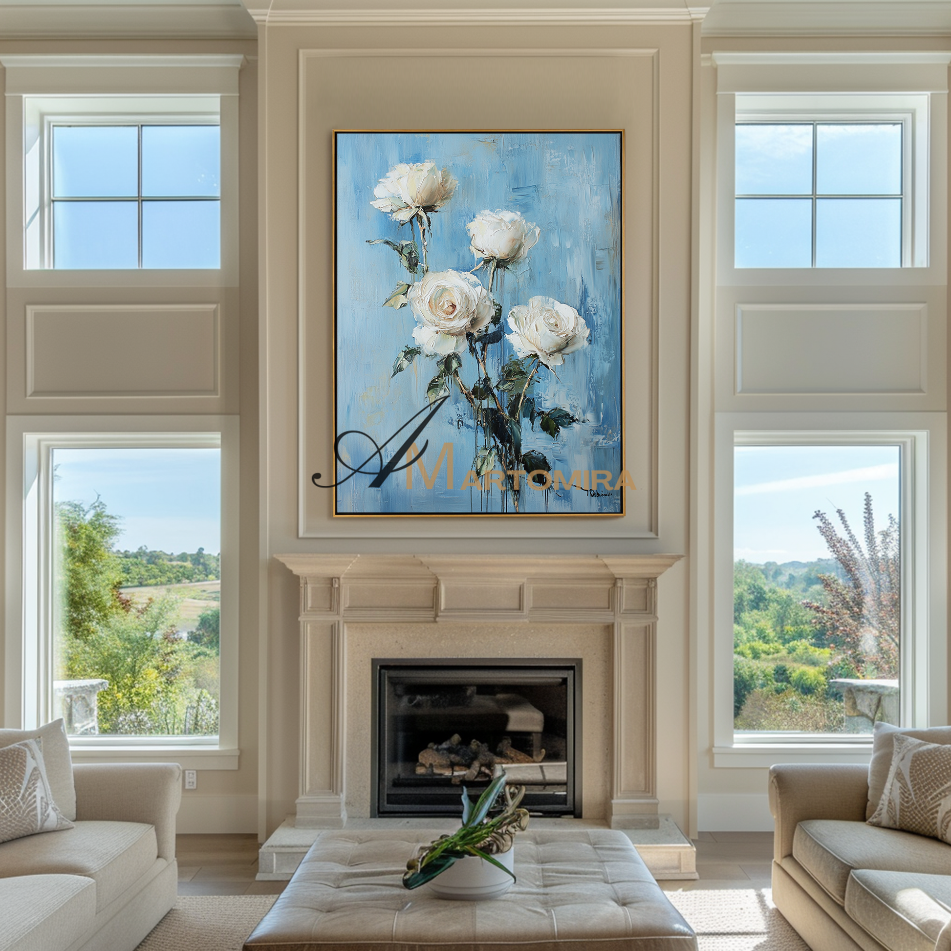 Floral Painting Acrylic | Blue Floral Wall Art | Black And White Floral Wall Art | Canvas Wall Art #CF108