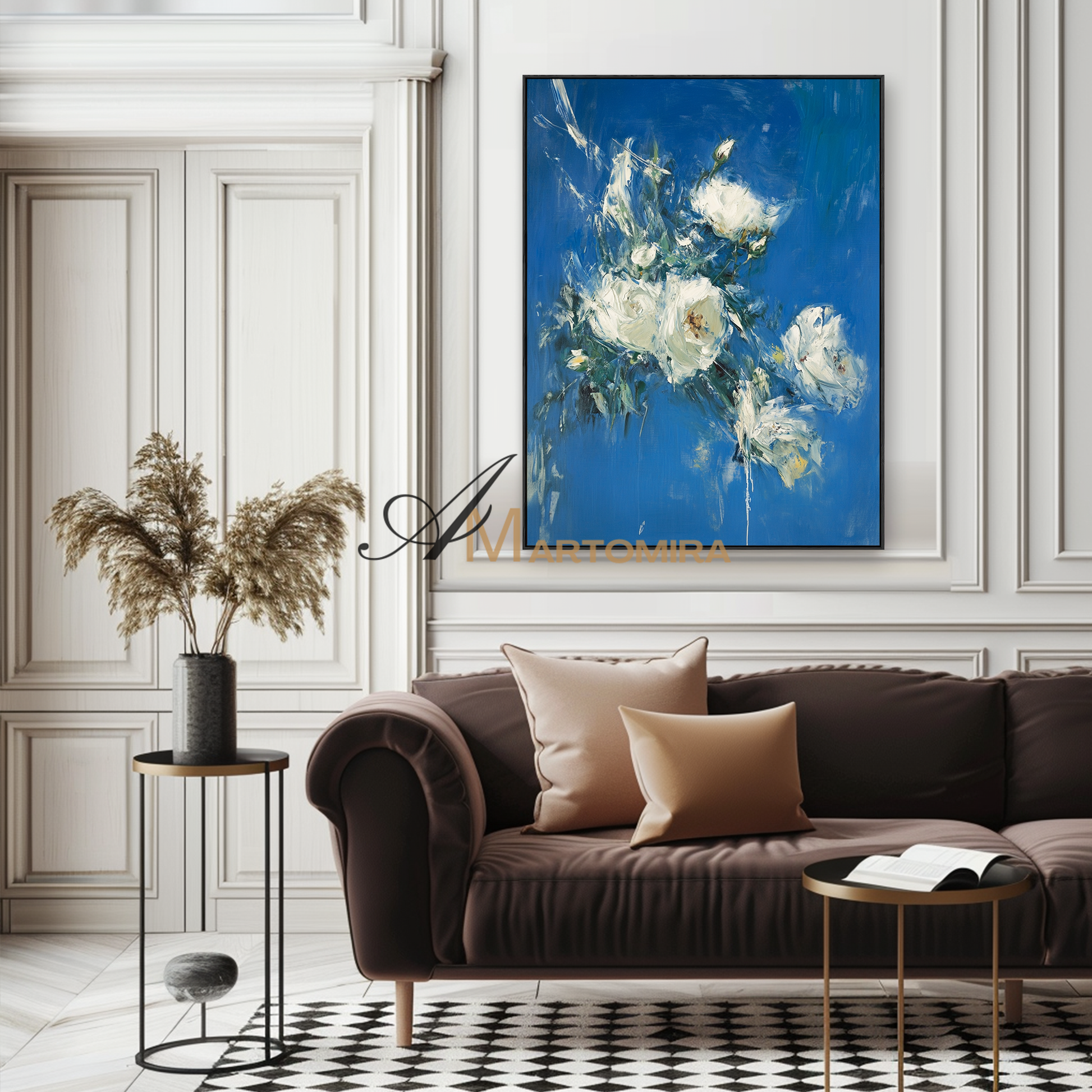 Abstract Flower Paintings | White Rose Wall Art | Blue Floral Wall Art | Canvas Wall Decor #CF104