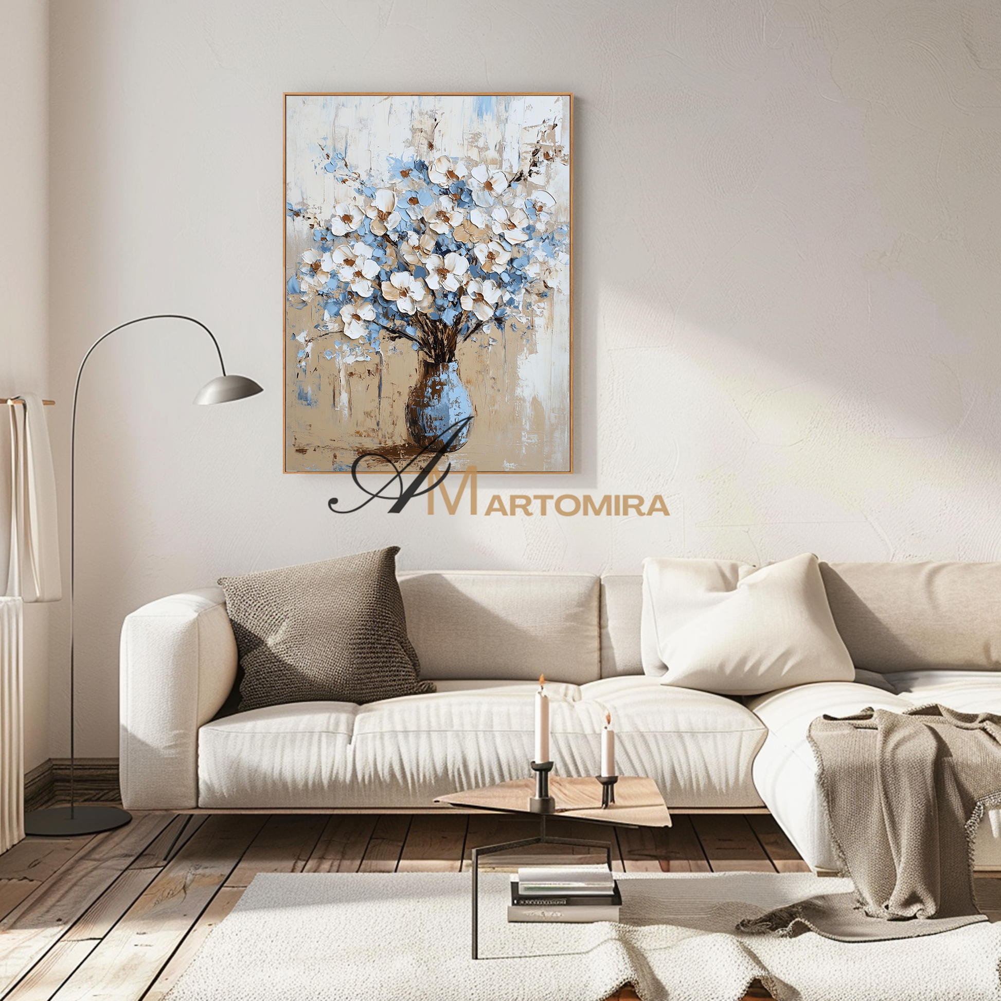 Flower Canvas Painting | Textured Wall Art | Bedroom Wall Art | Blue Floral Canvas Wall Art #CF118