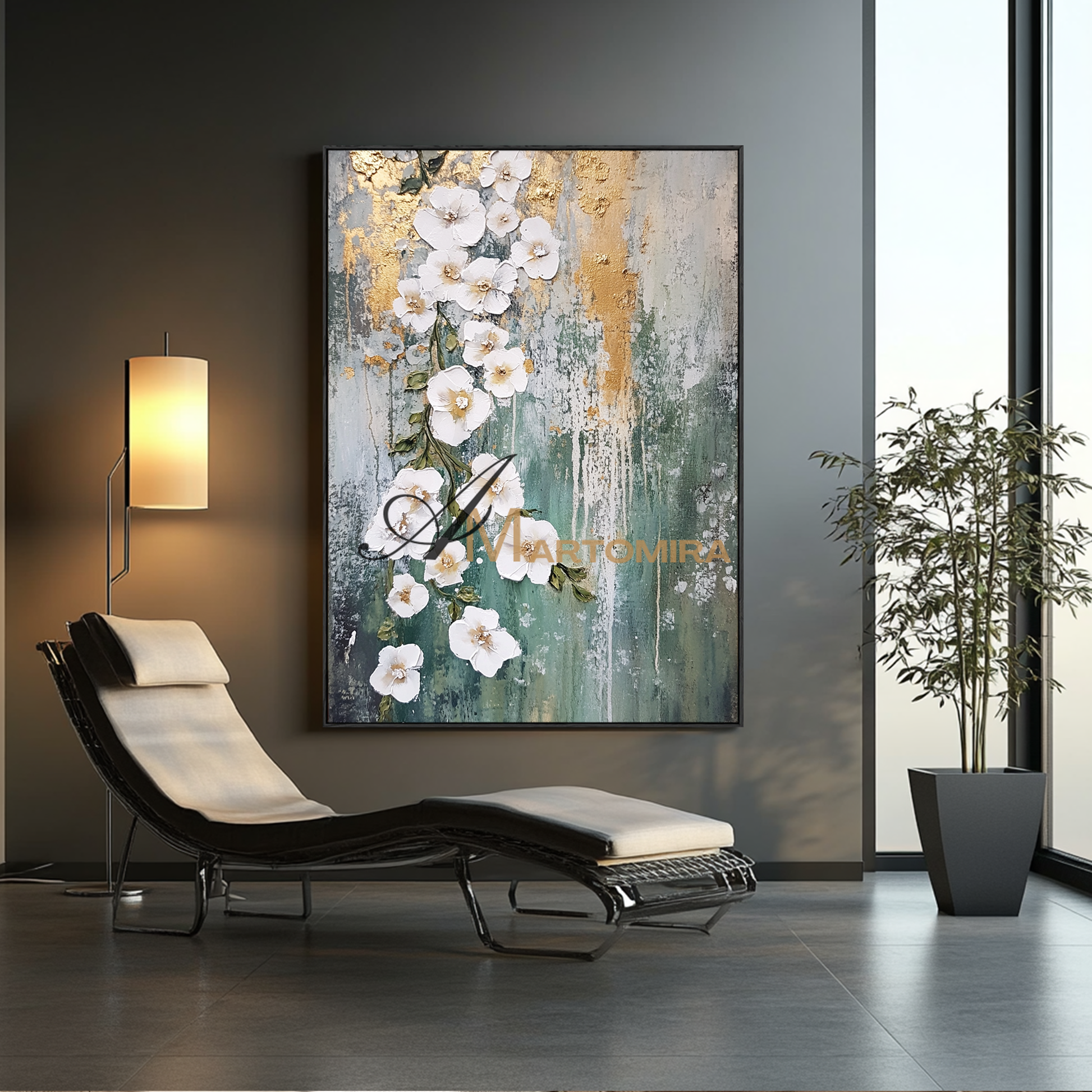 Floral Painting Acrylic | Abstract Flowers Wall Art | Green And Gold Abstract Painting #CF112