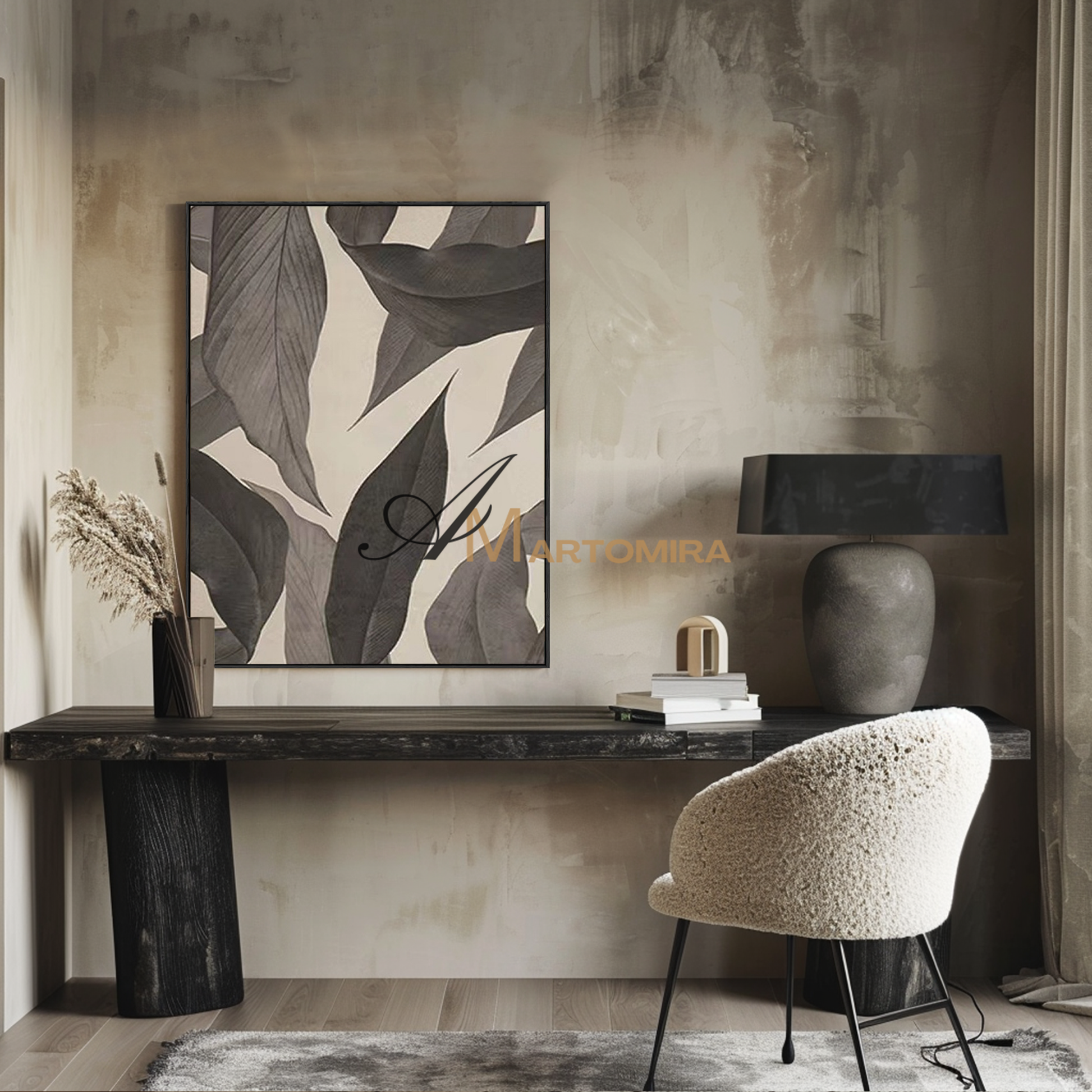 Leaf Painting | Large Abstract Wall Art | Beige And Gray Wall Art | Acrylic Paint #MF103