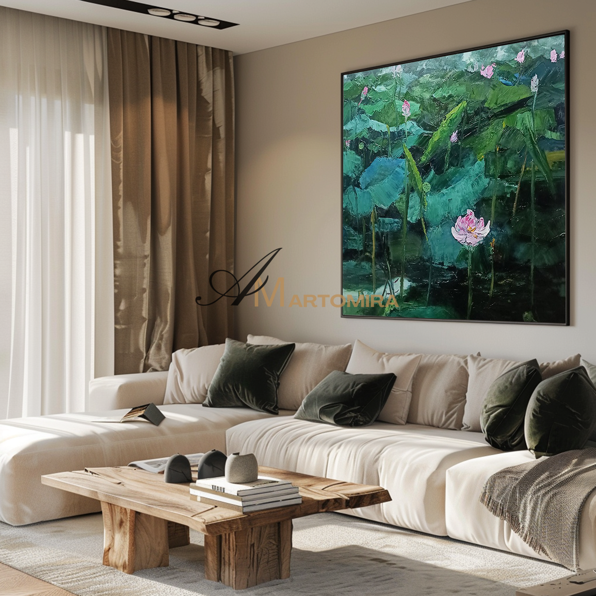Floral Wall Art | Lotus Flower Painting | Green Flower Wall Art | Floral Wall Art For Living Room MF128