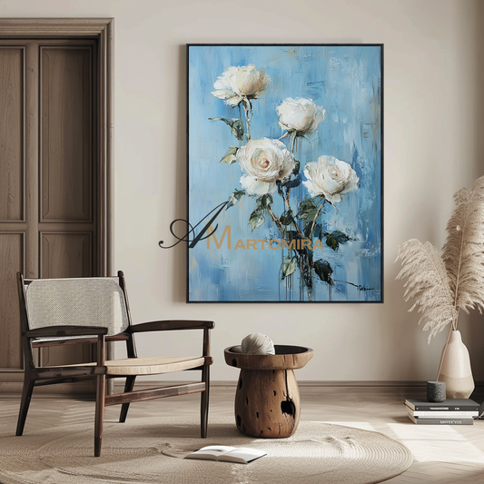 Floral Painting Acrylic | Blue Floral Wall Art | Black And White Floral Wall Art | Canvas Wall Art #CF108