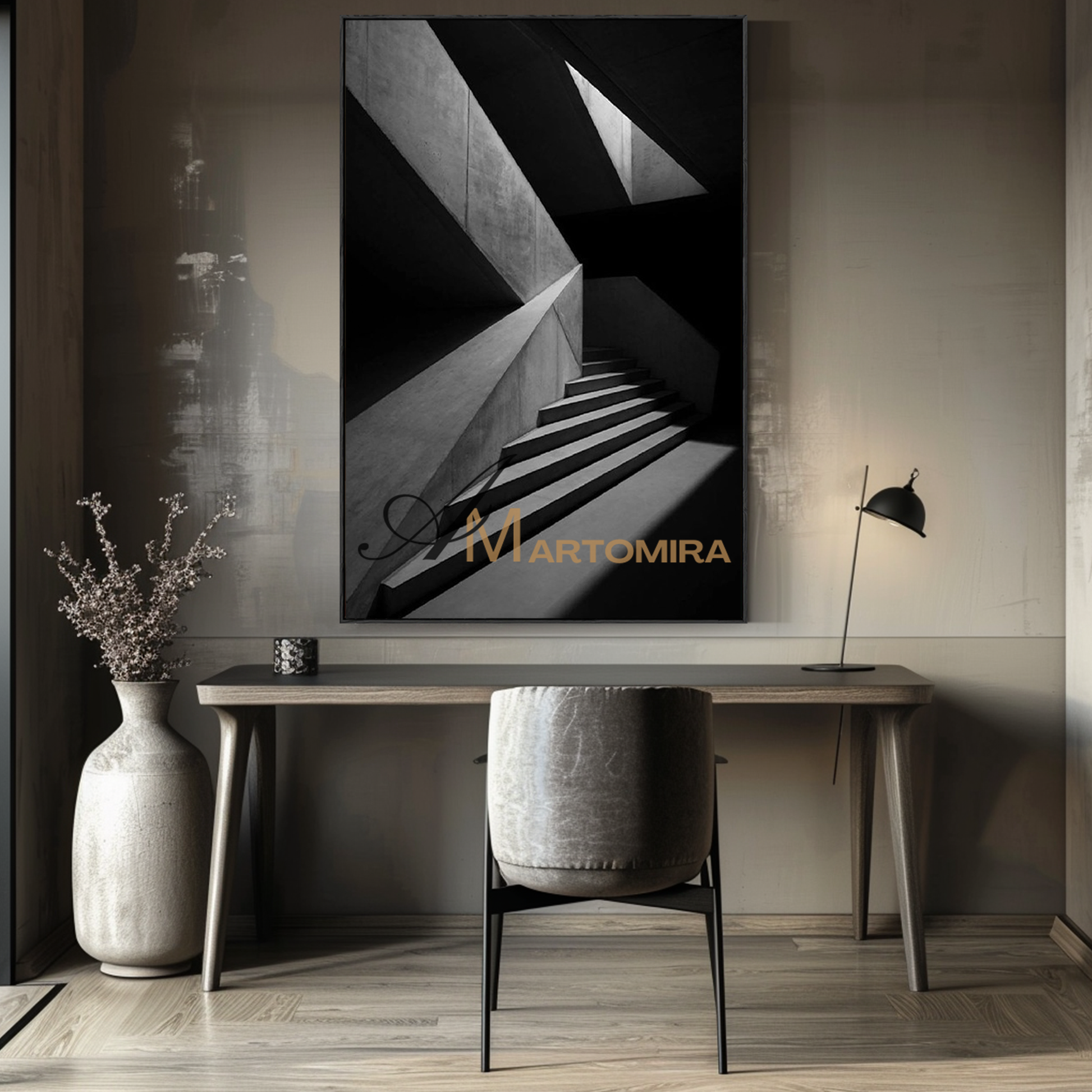 Staircase Painting | Black And White Wall Art | Large Painting For Living Room | Contemporary Wall Decor #MF118