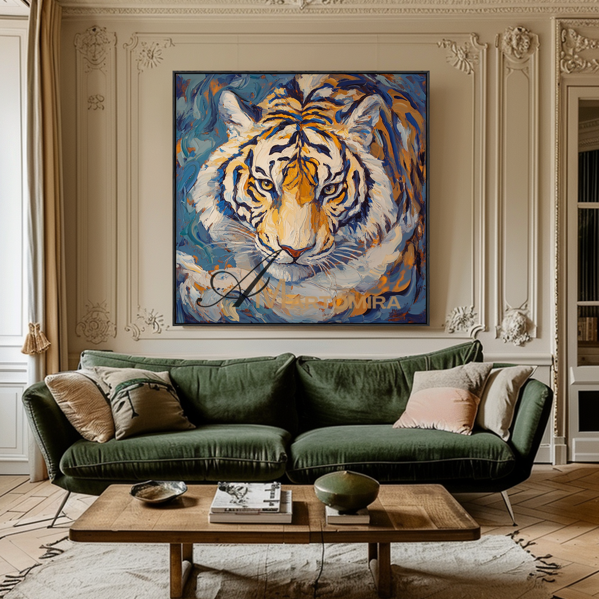 Tiger Painting | Animal Canvas Wall Art | Tiger Portrait | Blue And Gold Wall Art | Acrylic Wall Art #CA088