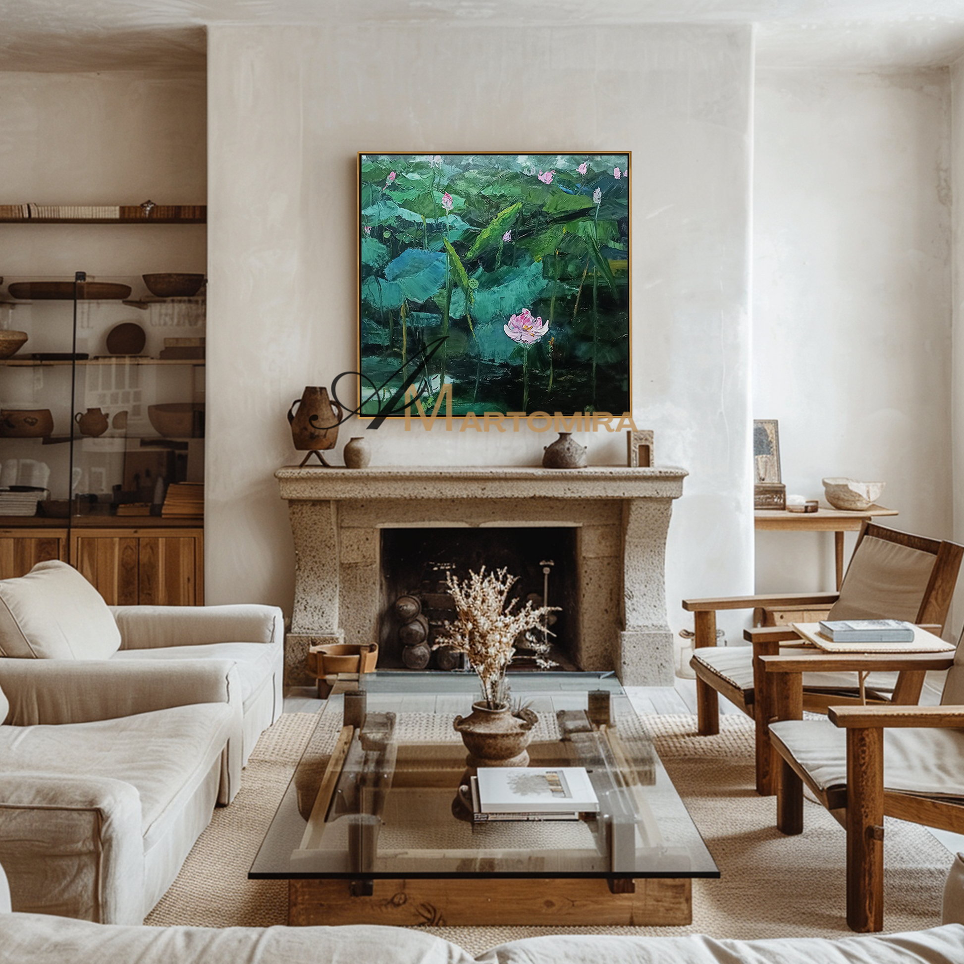 Floral Wall Art | Lotus Flower Painting | Green Flower Wall Art | Floral Wall Art For Living Room MF128