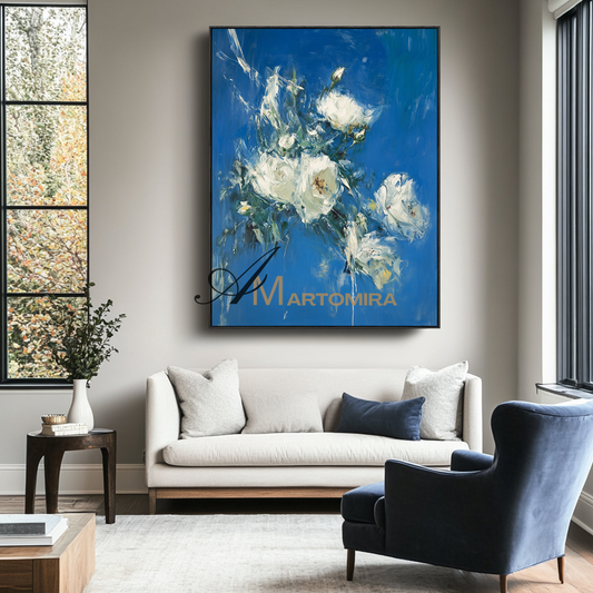 Abstract Flower Paintings | White Rose Wall Art | Blue Floral Wall Art | Canvas Wall Decor #CF104
