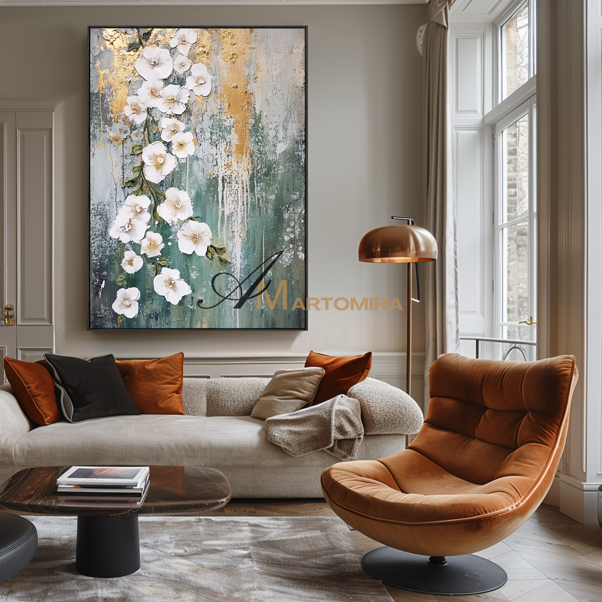 Floral Painting Acrylic | Abstract Flowers Wall Art | Green And Gold Abstract Painting #CF112