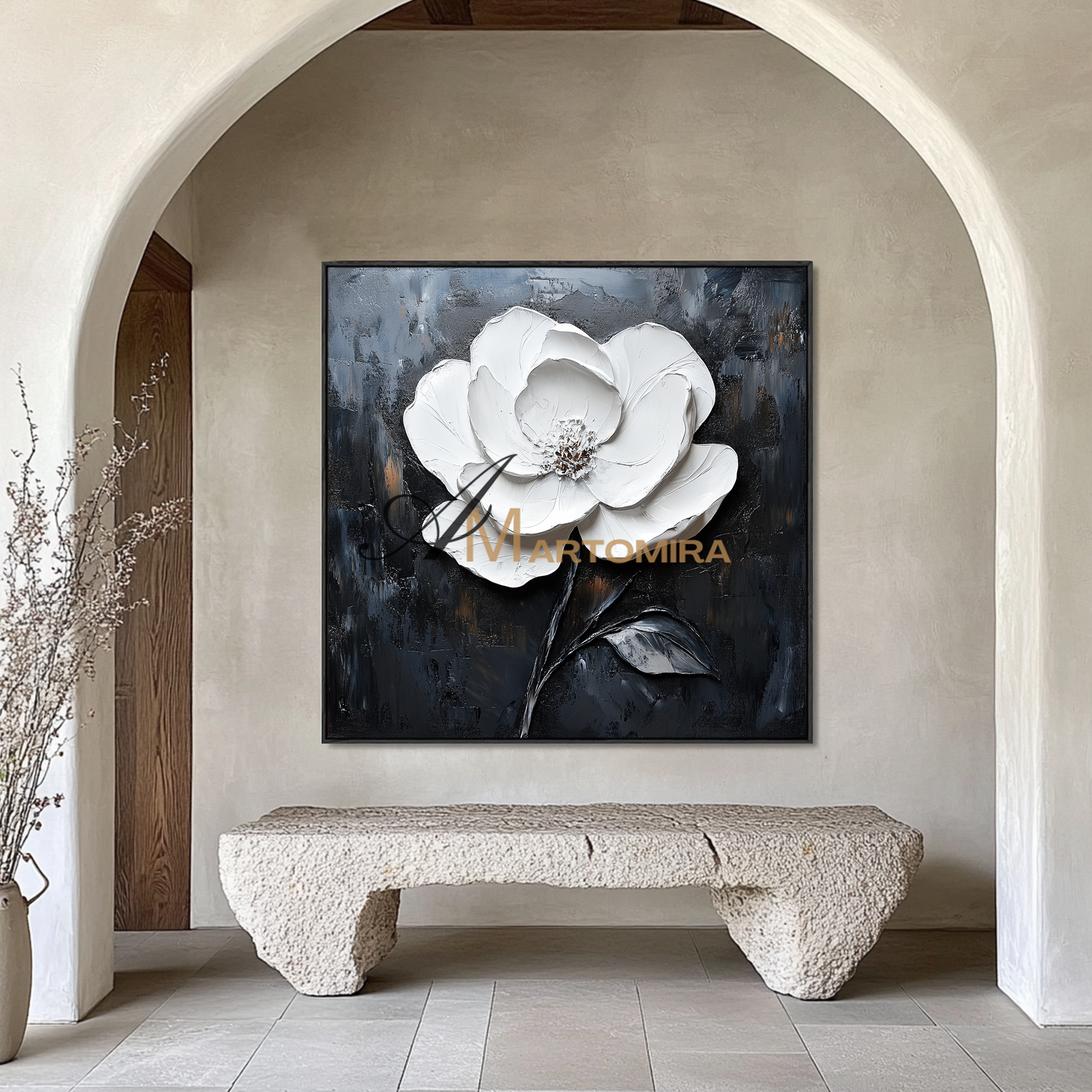 Floral Wall Art | White Textured Wall Art | Large Black And White Wall Art | Abstract Textured Wall Art #CF116