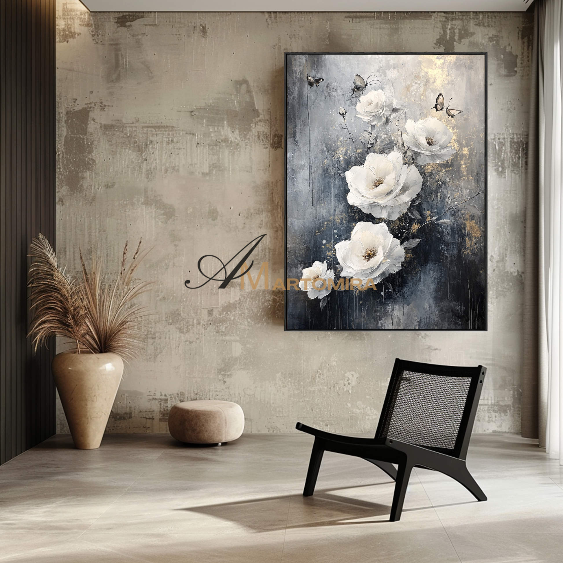 Flower Wall Art | White Rose Wall Art | Large Black And White Wall Art | Contemporary Wall Decor #CF115