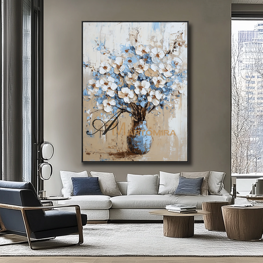 Flower Canvas Painting | Textured Wall Art | Bedroom Wall Art | Blue Floral Canvas Wall Art #CF118