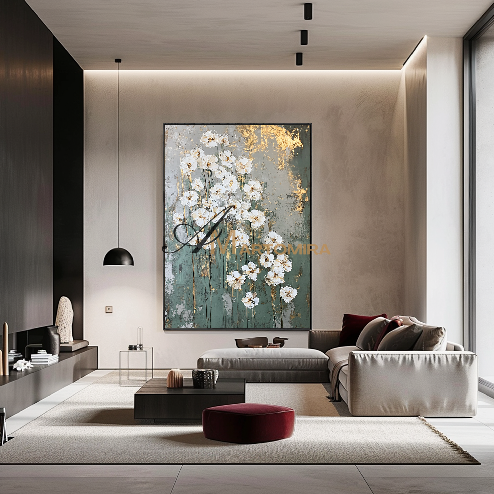 Floral Painting Acrylic | Abstract Flowers Wall Art | Green And Gold Abstract Painting #CF105