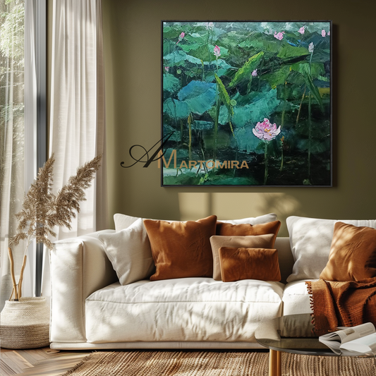 Floral Wall Art | Lotus Flower Painting | Green Flower Wall Art | Floral Wall Art For Living Room MF128
