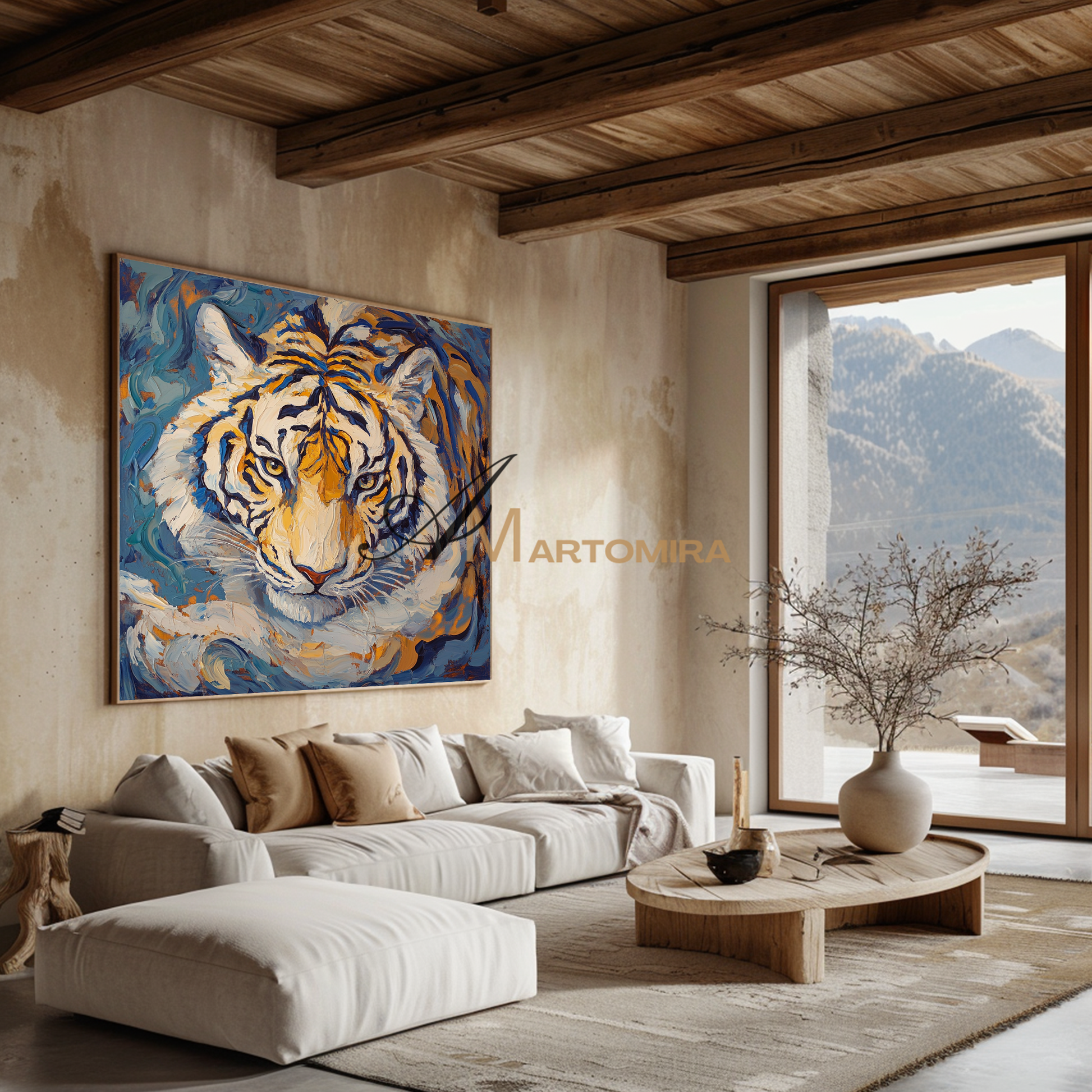Tiger Painting | Animal Canvas Wall Art | Tiger Portrait | Blue And Gold Wall Art | Acrylic Wall Art #CA088