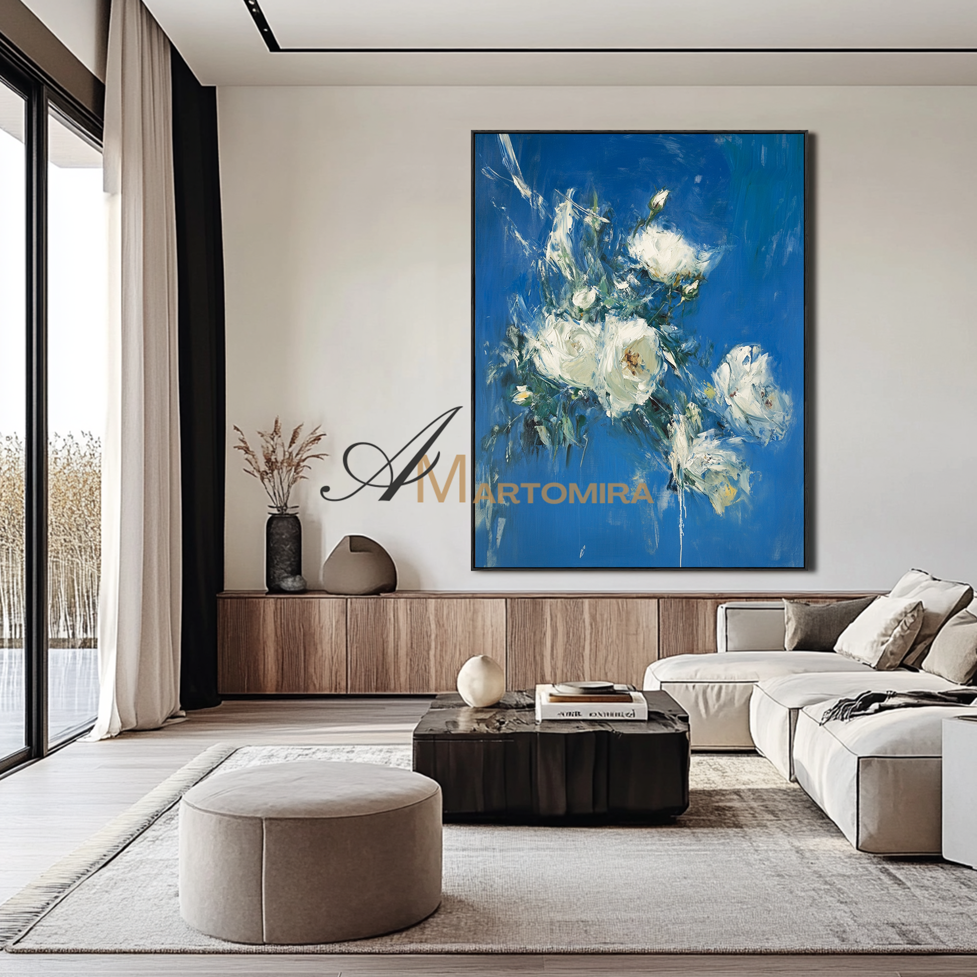 Abstract Flower Paintings | White Rose Wall Art | Blue Floral Wall Art | Canvas Wall Decor #CF104
