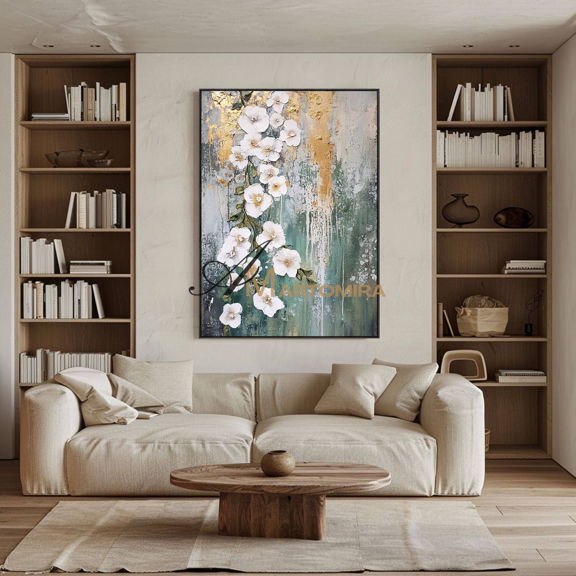 Floral Painting Acrylic | Abstract Flowers Wall Art | Green And Gold Abstract Painting #CF112