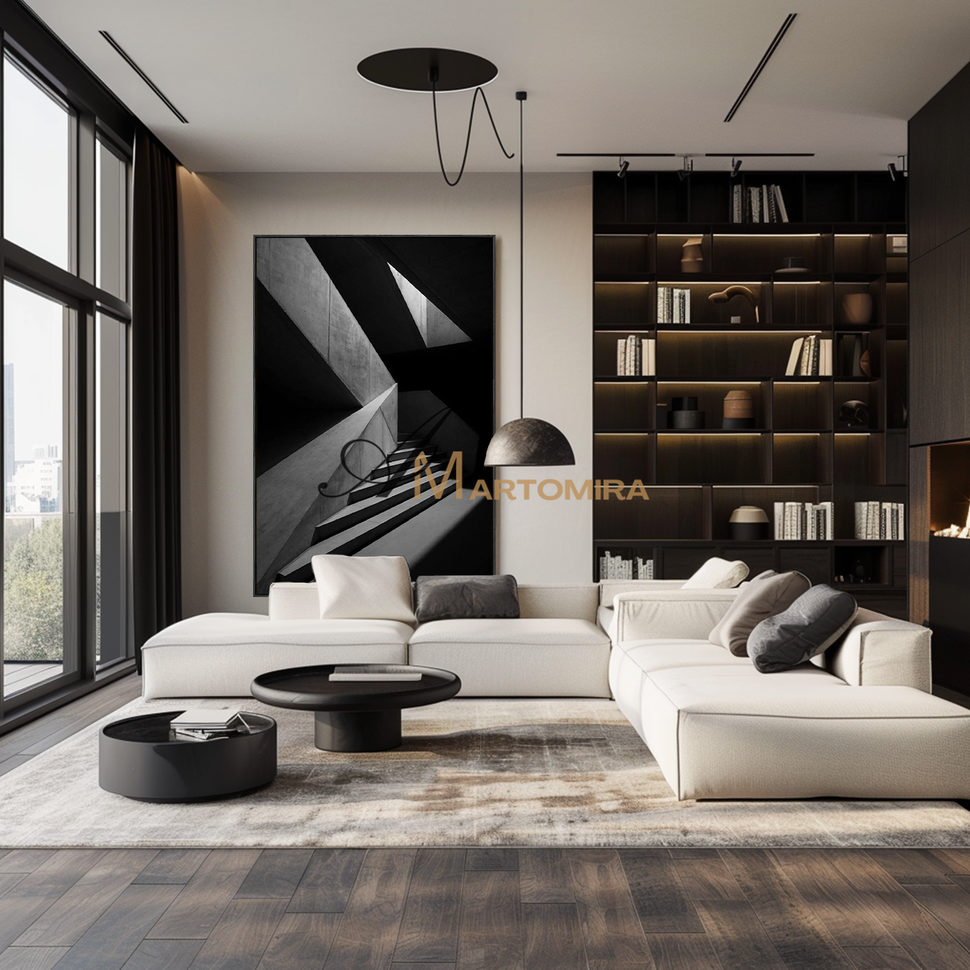 Staircase Painting | Black And White Wall Art | Large Painting For Living Room | Contemporary Wall Decor #MF118