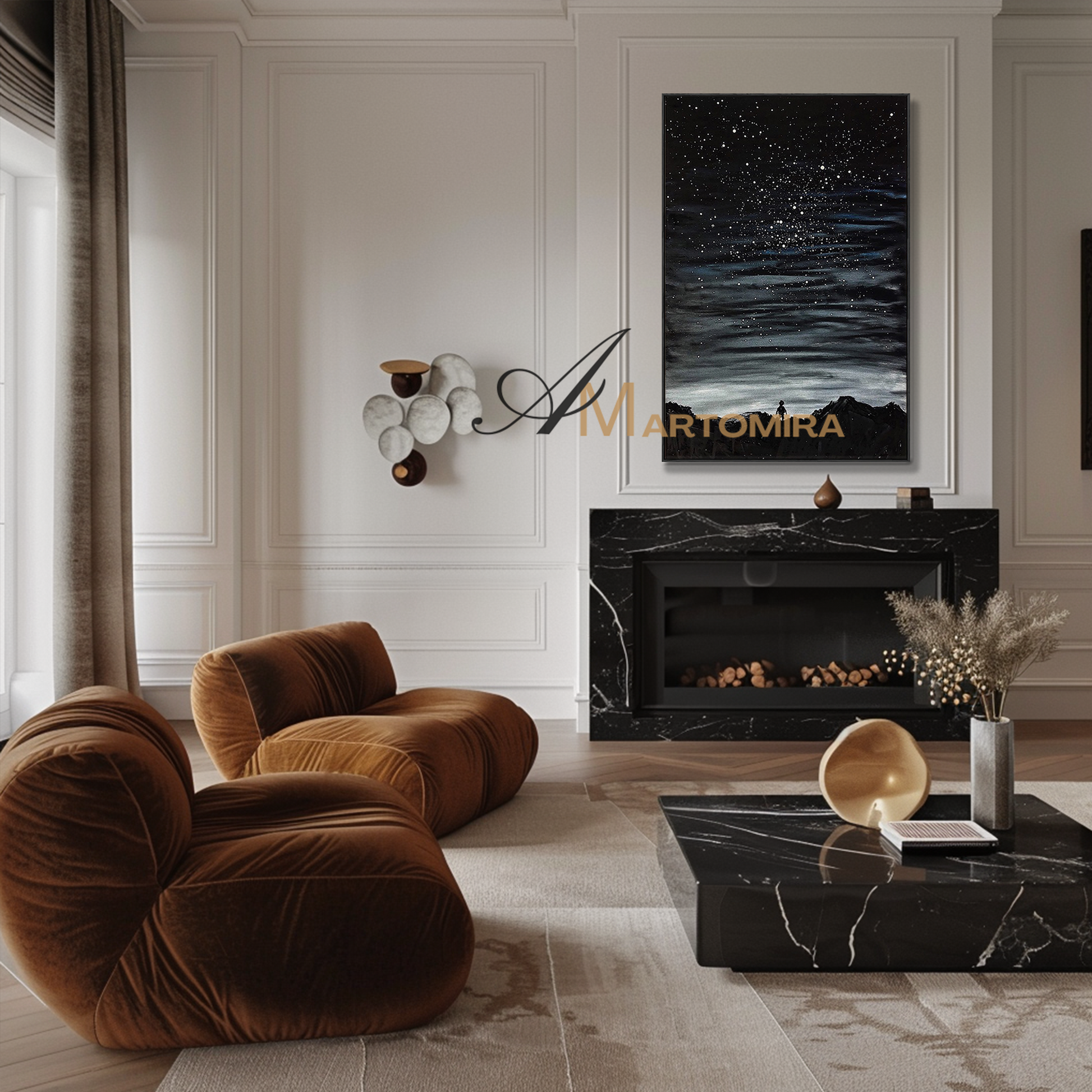Black Art Wall Art | Large Landscape Wall Art | Starry Sky Painting | Large Canvas Wall Art #MF120