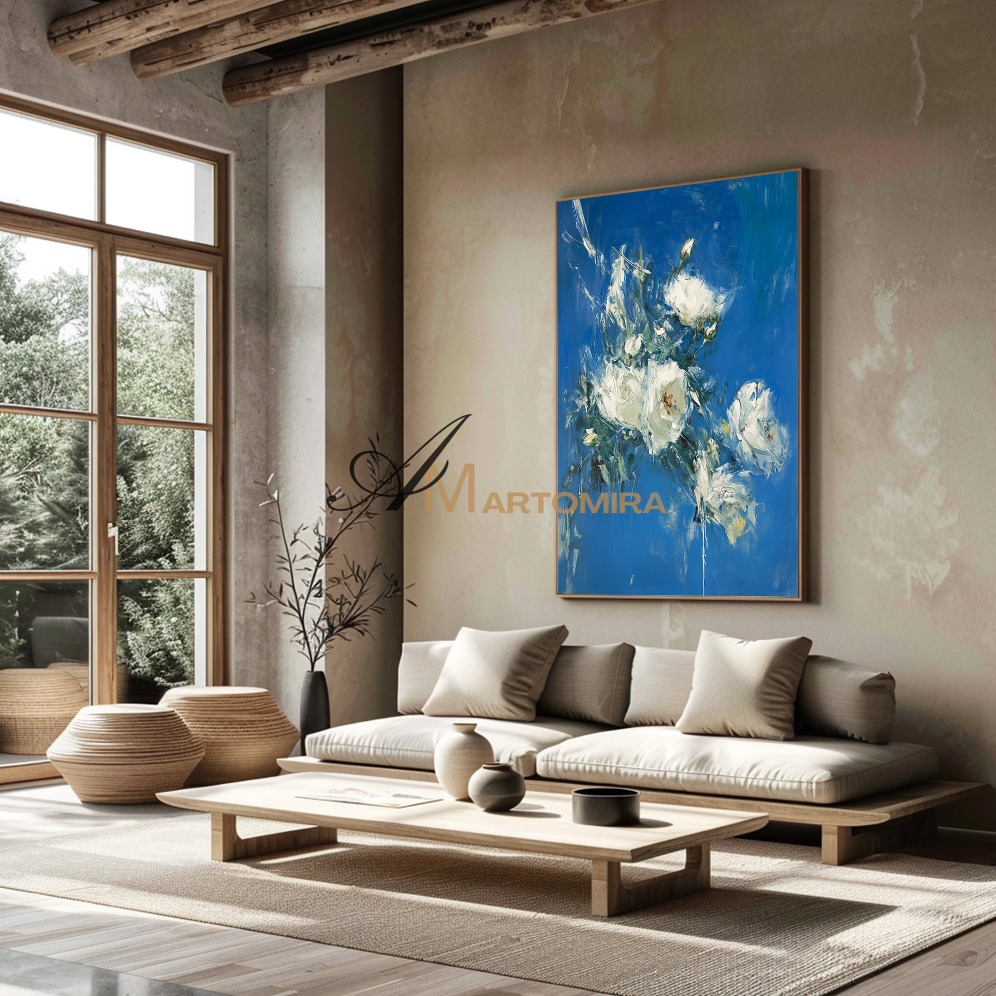 Abstract Flower Paintings | White Rose Wall Art | Blue Floral Wall Art | Canvas Wall Decor #CF104