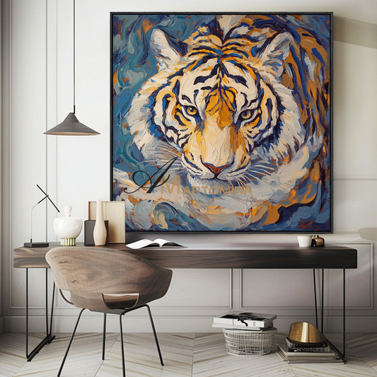 Tiger Painting | Animal Canvas Wall Art | Tiger Portrait | Blue And Gold Wall Art | Acrylic Wall Art #CA088
