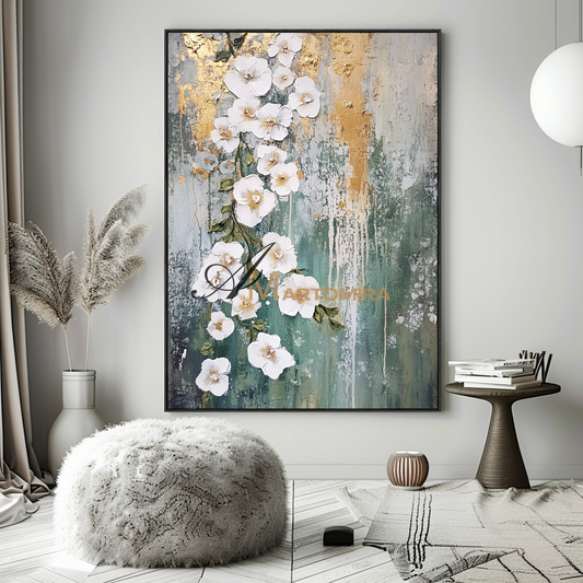 Floral Painting Acrylic | Abstract Flowers Wall Art | Green And Gold Abstract Painting #CF112