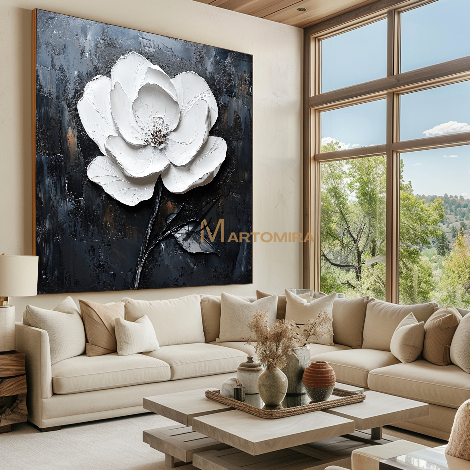 Floral Wall Art | White Textured Wall Art | Large Black And White Wall Art | Abstract Textured Wall Art #CF116