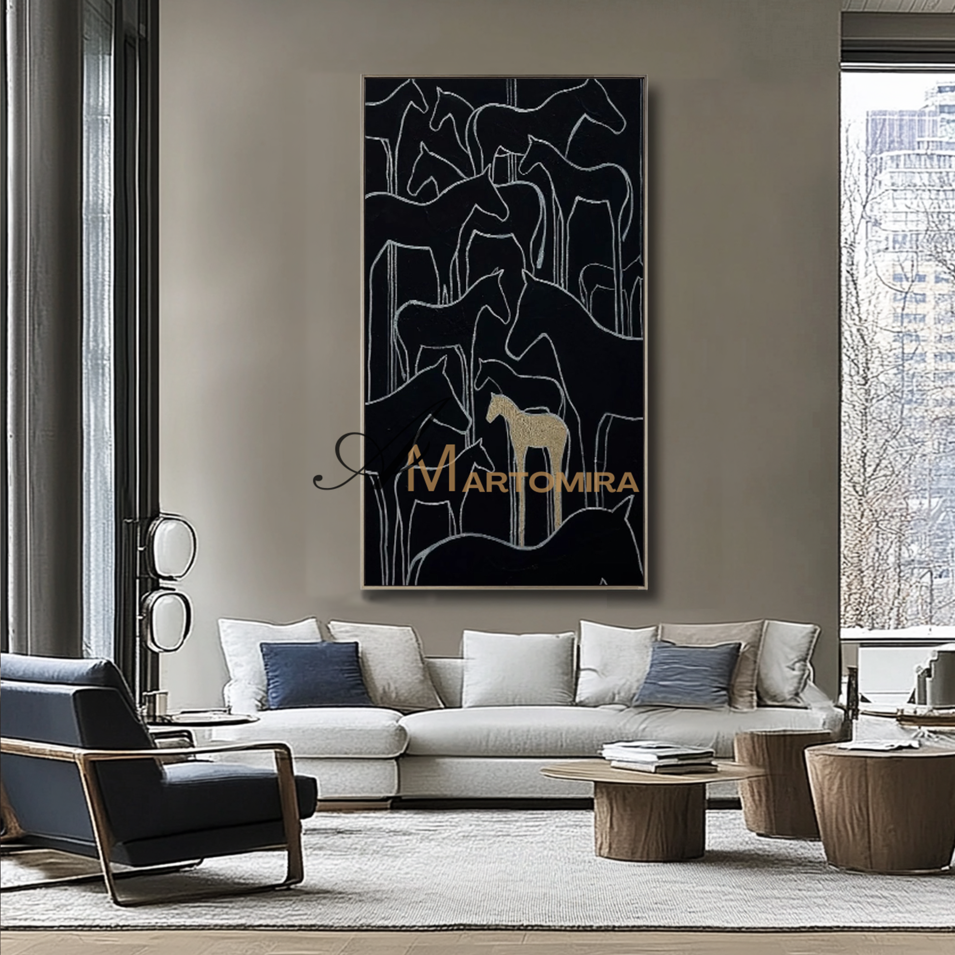 Horse Wall Art | Abstract Geometric Art | Contemporary Living Room Wall Decor | Black Wall Art #MF097