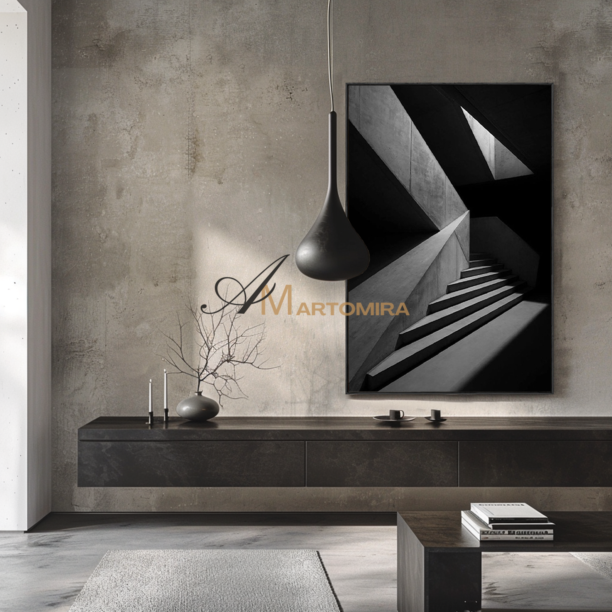Staircase Painting | Black And White Wall Art | Large Painting For Living Room | Contemporary Wall Decor #MF118