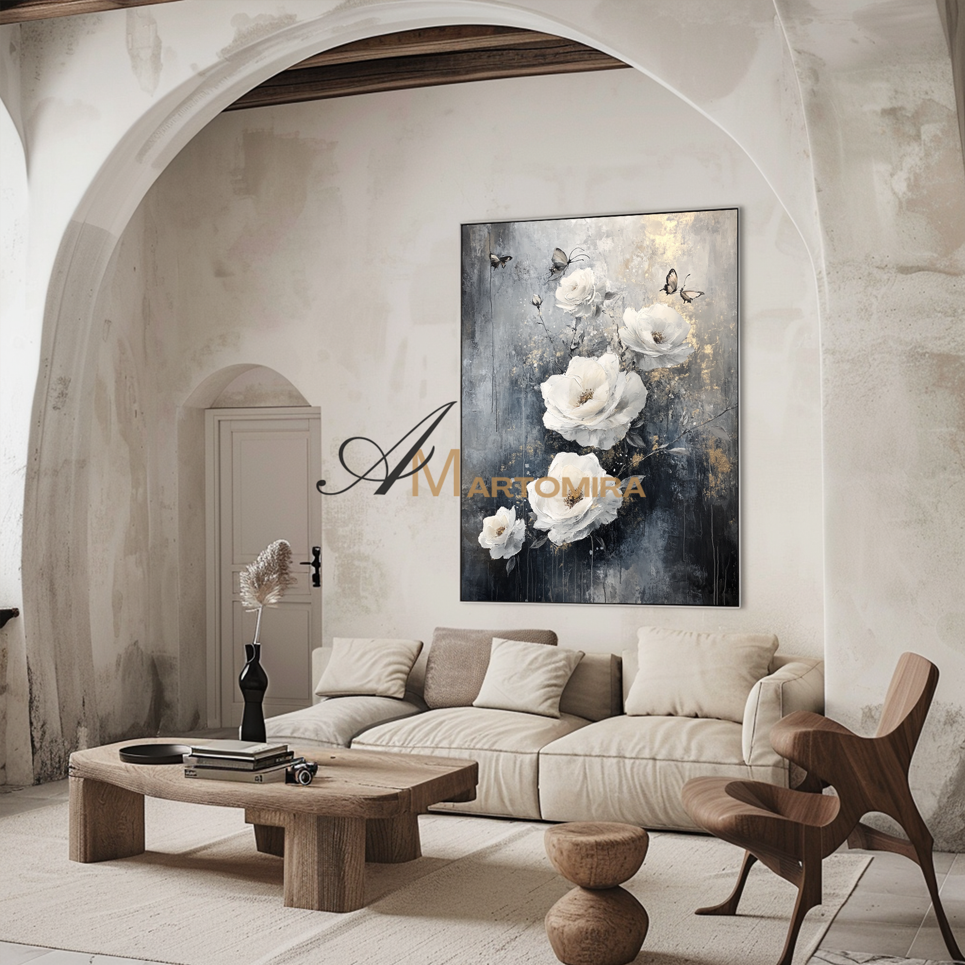 Flower Wall Art | White Rose Wall Art | Large Black And White Wall Art | Contemporary Wall Decor #CF115