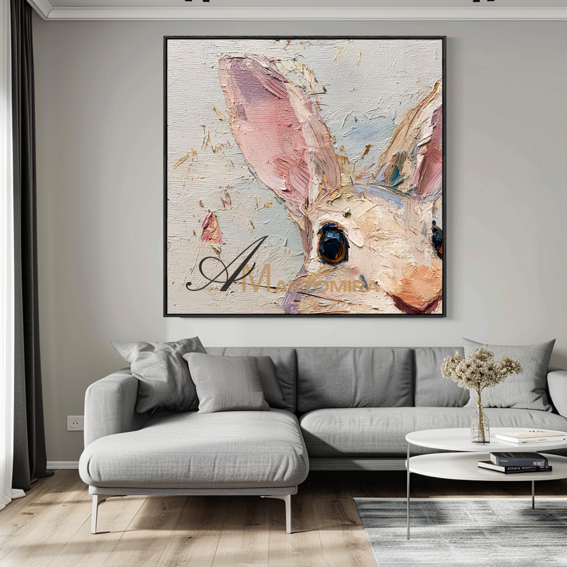 Bunny Rabbit Paintings | Animal Wall Art | Pink Wall Art | Large Animal Canvas Wall Art #CA082