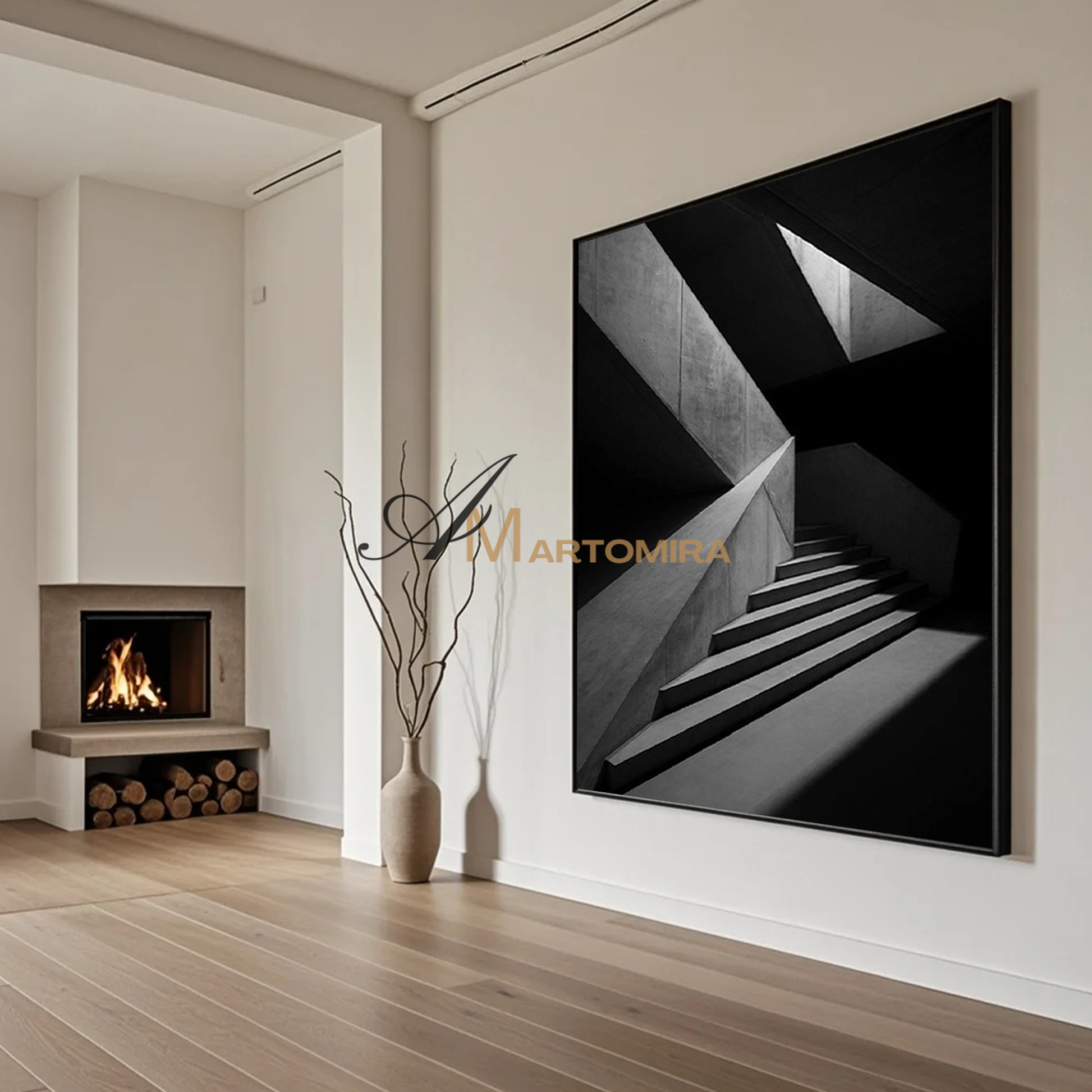 Staircase Painting | Black And White Wall Art | Large Painting For Living Room | Contemporary Wall Decor #MF118