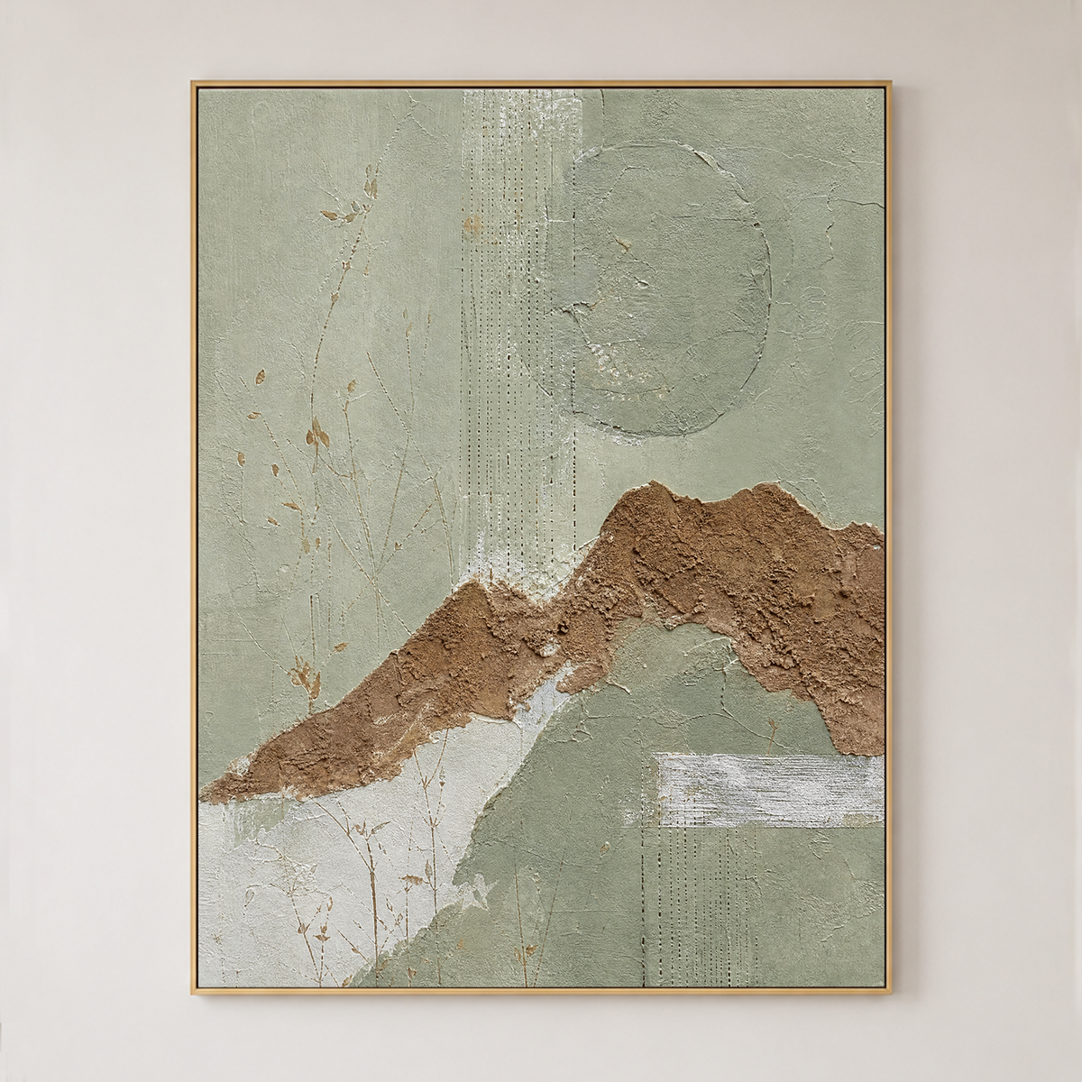 Sage Green Terracotta Abstract Textured Mixed Media Vertical Wall Art for Dining Room Living Room