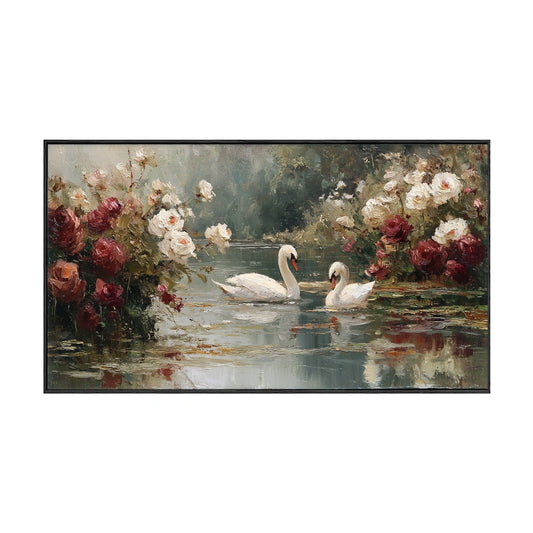 Vintage Romantic Red & White Rose Pond Swan Landscape Wall Art, Impasto Thick Texture Framed Canvas Print, Elegant Nature Artwork for Living Room Bedroom Dining Room Office Hallway Decor