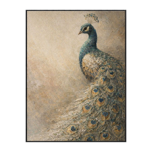 Vintage Elegant Peacock Textured Impasto Oil Painting, Muted Beige Blue Brown Green Peacock Feather Animal Wall Art for Living Room, Office, Bedroom, Dining Room, Hallway