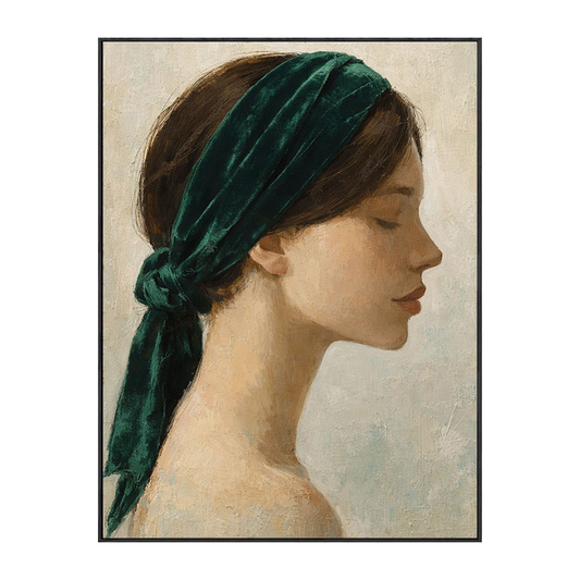 Vintage Female Profile Portrait Wall Art Serene Woman with Emerald Green Velvet Headband Textured Acrylic Painting Muted Beige Soft Background Elegant Aesthetic for Home Decor 200-255 chars filler