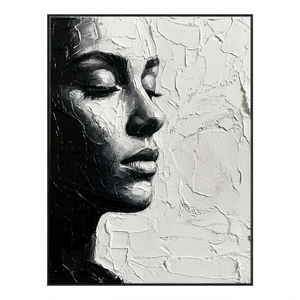 Black and White Impasto Textured Portrait Wall Art – Elegant Serene Woman's Profile with Thick Layered Knife Brushwork, High Contrast Minimalist Monochrome Design, Ideal for Modern Home and Office Decor