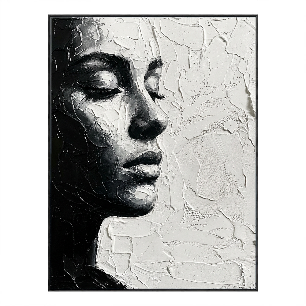 Black and White Impasto Textured Portrait Wall Art – Elegant Serene Woman's Profile with Thick Layered Knife Brushwork, High Contrast Minimalist Monochrome Design, Ideal for Modern Home and Office Decor