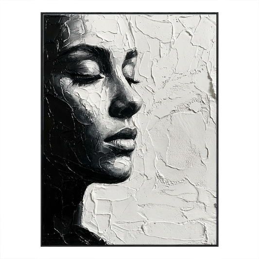 Black and White Impasto Textured Portrait Wall Art – Elegant Serene Woman's Profile with Thick Layered Knife Brushwork, High Contrast Minimalist Monochrome Design, Ideal for Modern Home and Office Decor