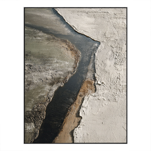 Minimalist Abstract Textured Riverbed Landscape Wabi Sabi Style Framed Canvas Wall Art, Thick Impasto Paint with Knife Marks, Neutral Tone Decor for Modern Home & Office
