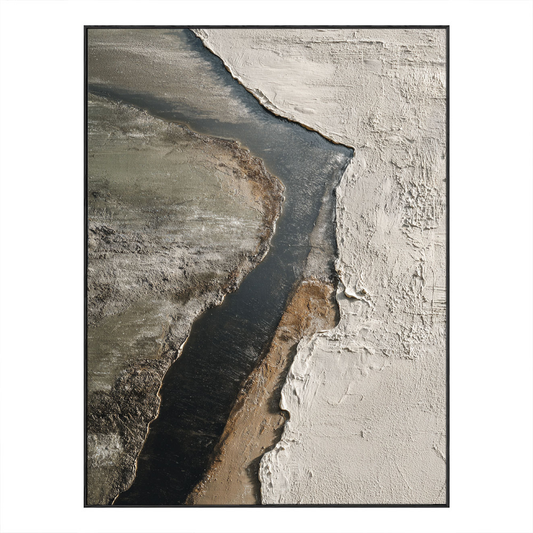Minimalist Abstract Textured Riverbed Landscape Wabi Sabi Style Framed Canvas Wall Art, Thick Impasto Paint with Knife Marks, Neutral Tone Decor for Modern Home & Office
