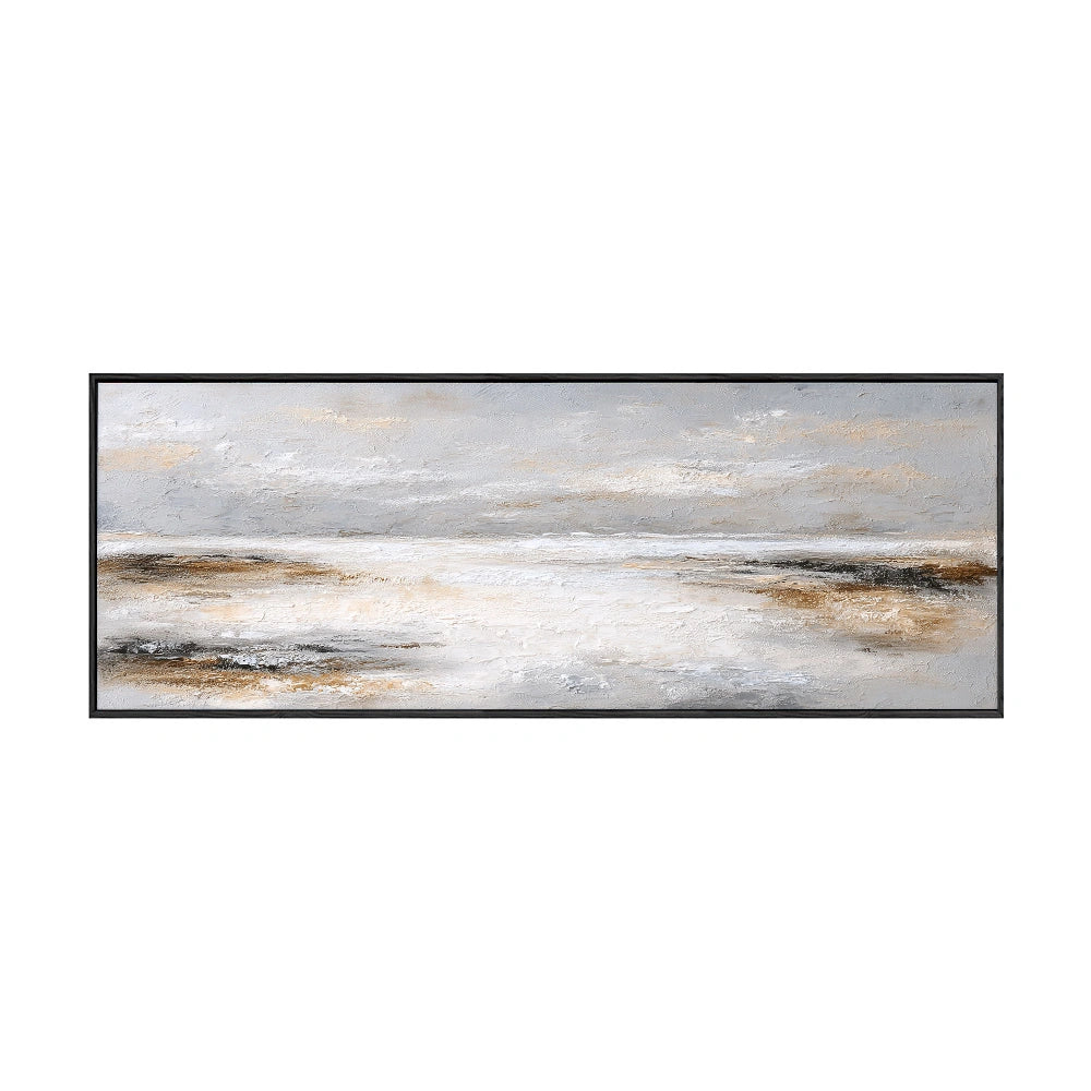 Abstract Neutral Toned Textured Seascape Impasto Wall Art, Large Panoramic Soft Grey White Beige Brown Coastal Canvas Artwork, Modern Minimalist Living Room Bedroom Decor, Framed Horizontal Painting