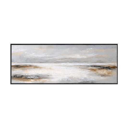 Abstract Neutral Toned Textured Seascape Impasto Wall Art, Large Panoramic Soft Grey White Beige Brown Coastal Canvas Artwork, Modern Minimalist Living Room Bedroom Decor, Framed Horizontal Painting
