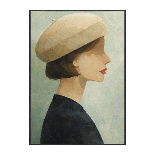 Vintage Elegant Woman Portrait with Beige Beret Textured Impasto Wall Art, Muted Black Beige Green Tone Minimalist Canvas Painting for Living Room Bedroom Dining Room Office Hallway Home Decor