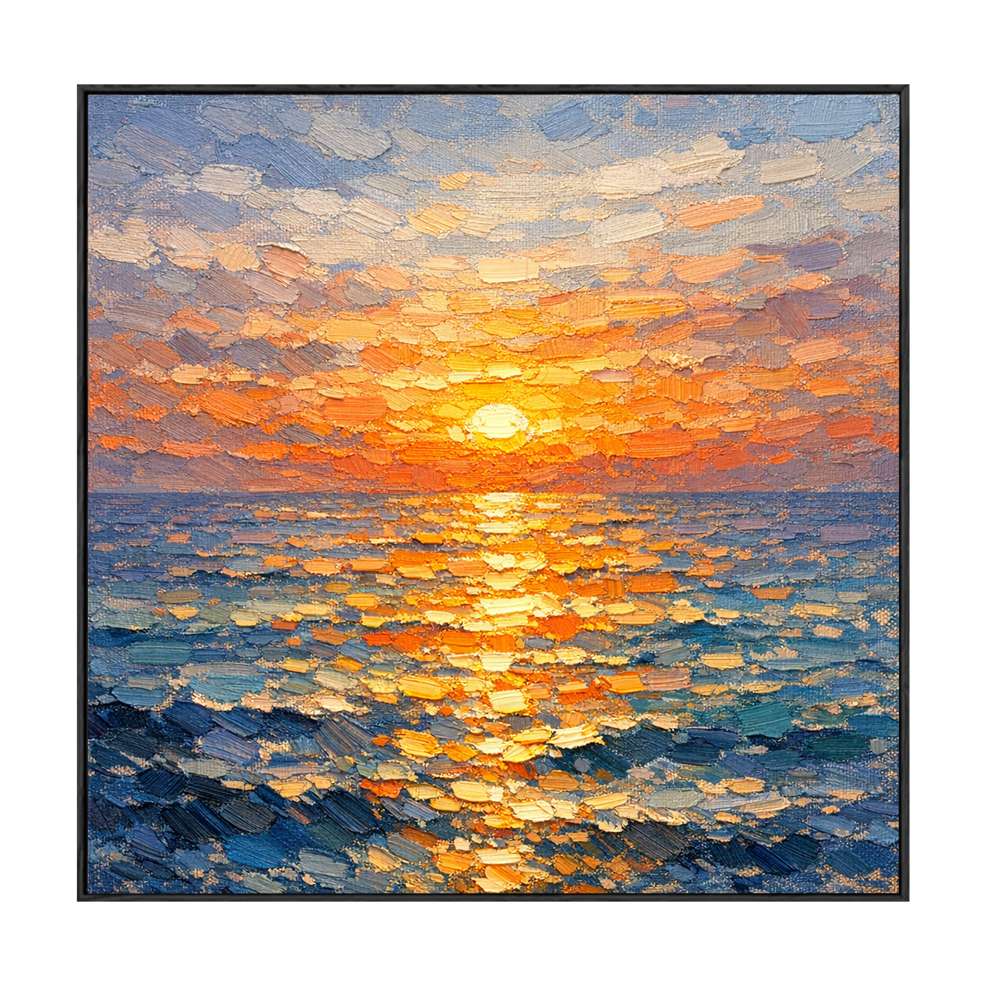 Impasto Ocean Sunset Wall Art Thick Knife Paint Textured Blue Orange Yellow Coastal Nature Artwork Sunset Reflection Sea Wave Vibrant Framed Canvas Painting for Living Room Bedroom Dining Room Office Hallway Home Decor